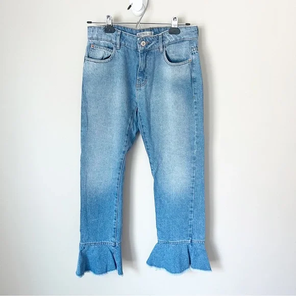 Zara Denim Frill Ruffle Cuff Raw Hem Cropped Jeans Light Wash 2 - Picture 3 of 13